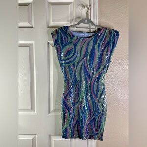 Sequins Mini Blue Dress Disco Style